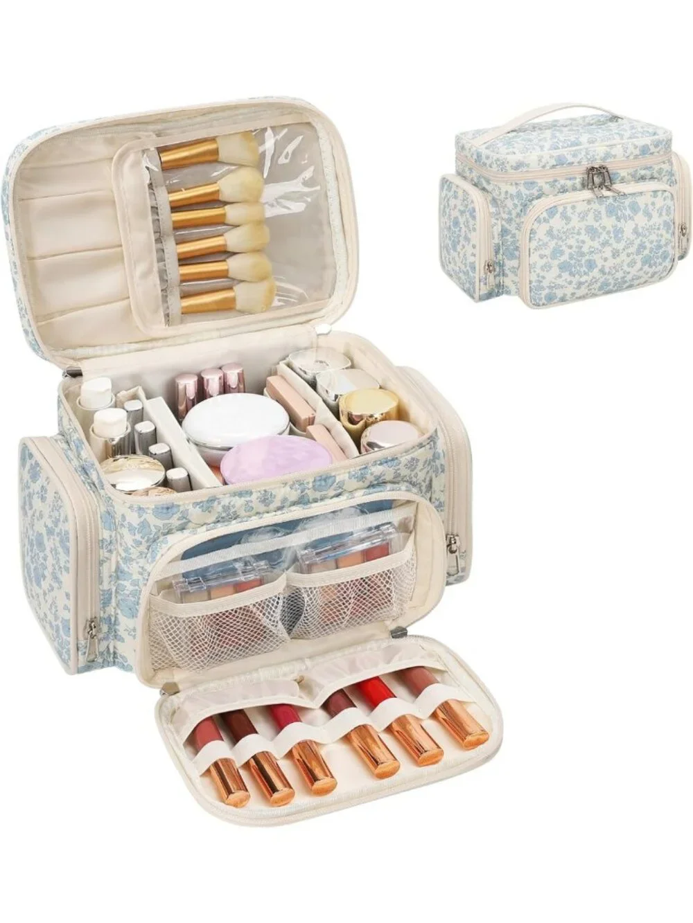 Large Floral Quilted Makeup Bag Organizer for Women - Stylish Travel Cosmetic